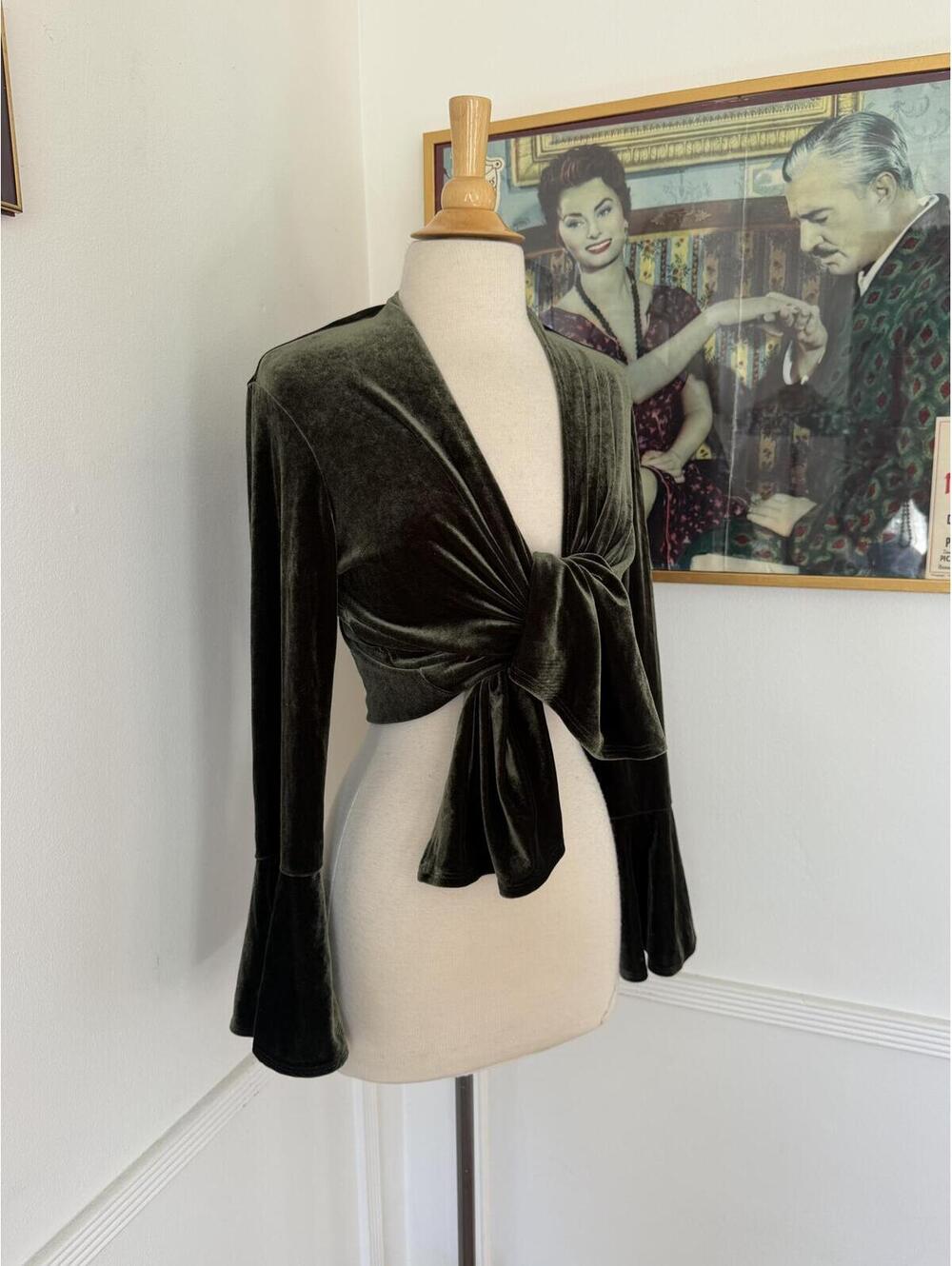 Vintage Inspired Velvet Bell Sleeve Tie Top